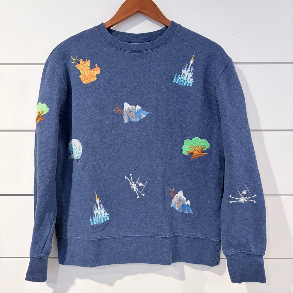 Disney Parks Icons Embroidered Crewneck Magic Kingdom Castle Travel S Unisex